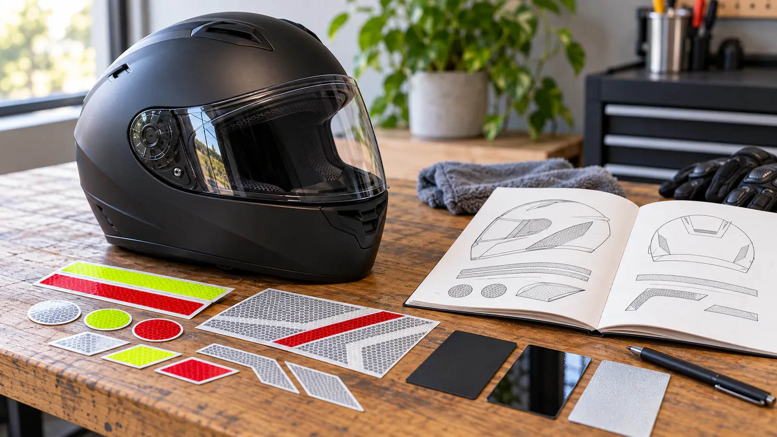 Motosiklet sticker seçimi için farklı reflektif sticker formları ve yüzey örneklerinin karşılaştırıldığı çalışma masası