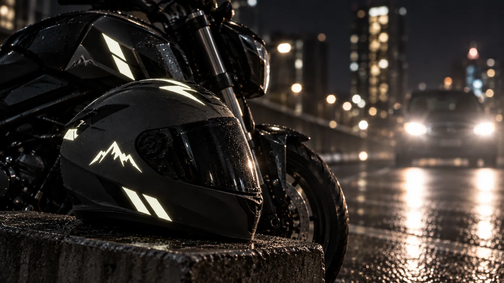 Gece şehir ortamında far ışığı altında belirginleşen reflektif stickerlı kask