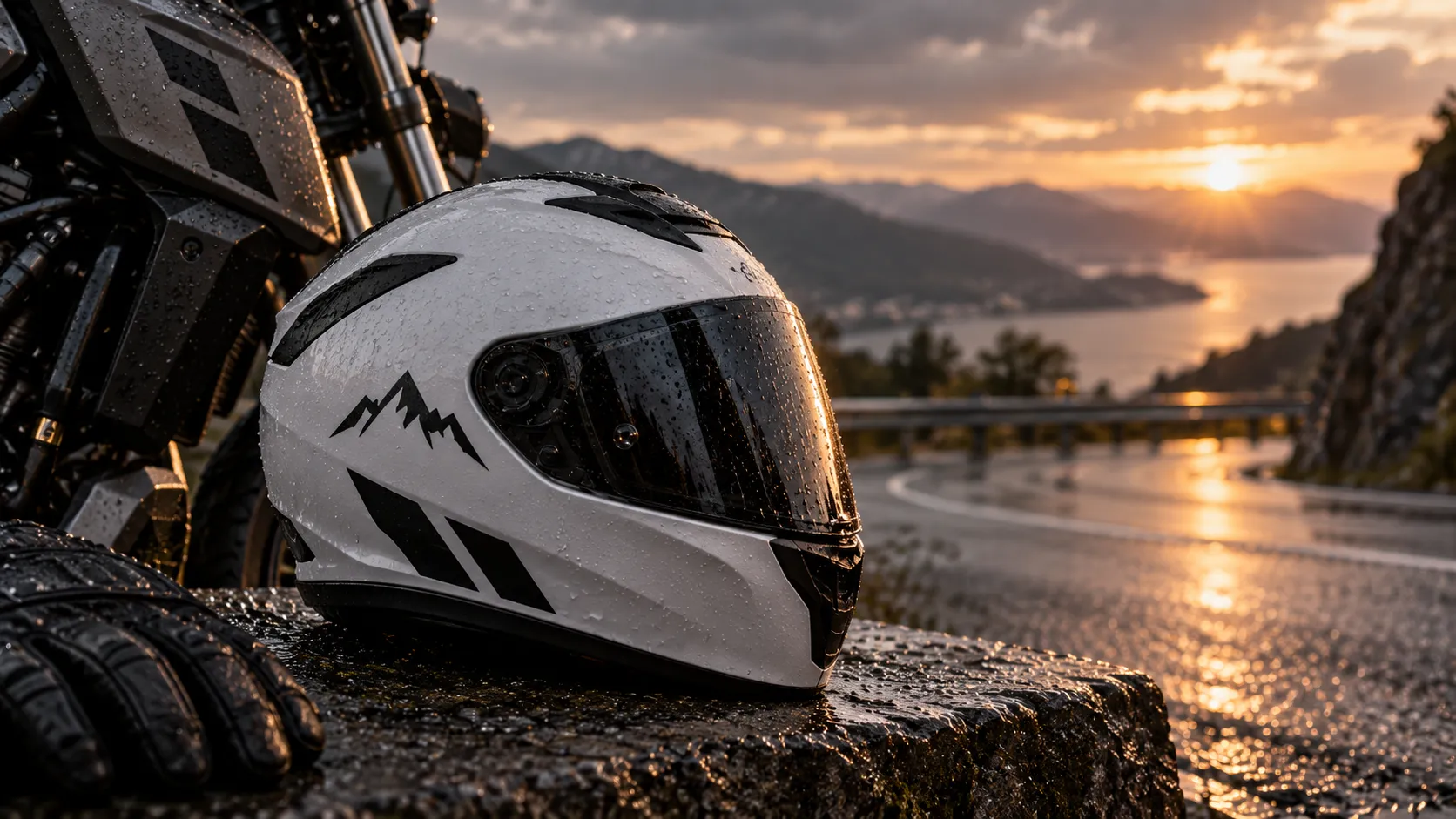 Yağmur damlalarıyla dış mekânda kullanılan reflektif stickerlı kask ve motosiklet