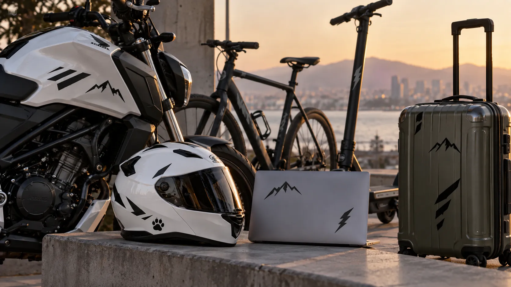 Motosiklet, kask, bisiklet, scooter, laptop ve valiz üzerinde kullanılan reflektif stickerlar