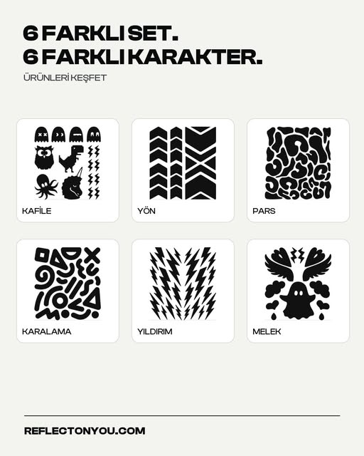 Altı farklı reflektif sticker setinin koleksiyon görünümü